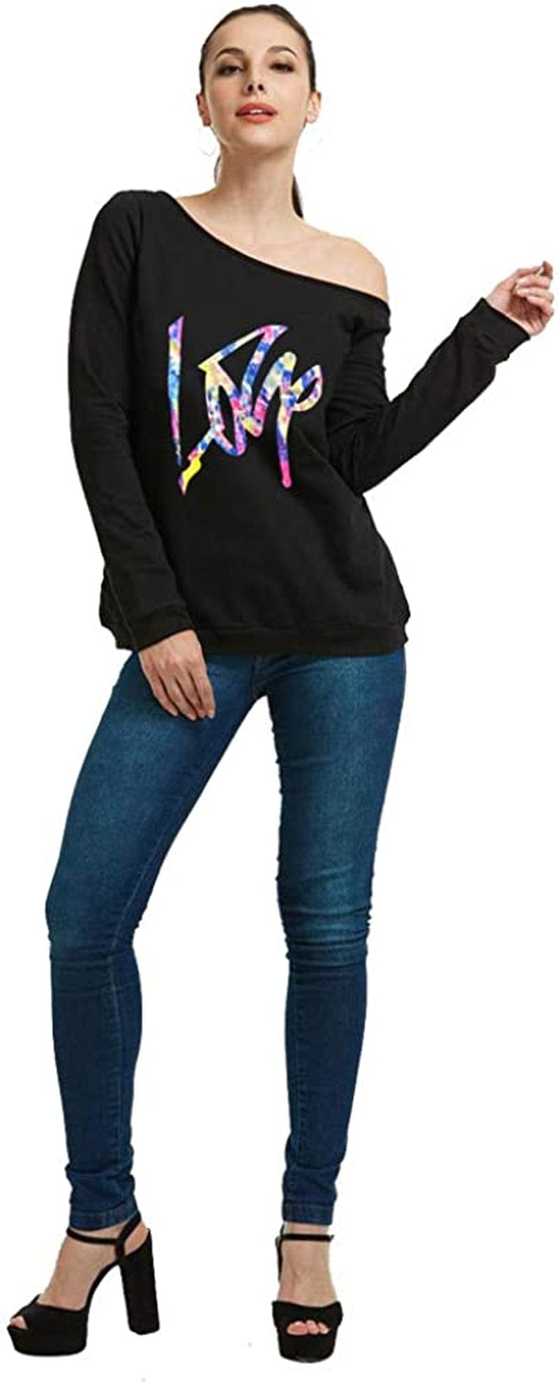 MAGICMK Woman’S Sweatershirt Lips Print Causal Blouse off the Shoulder Long Sleeve Loose Slouchy Pullover plus Size Tops Black+clove / XX-Large-3X-Large