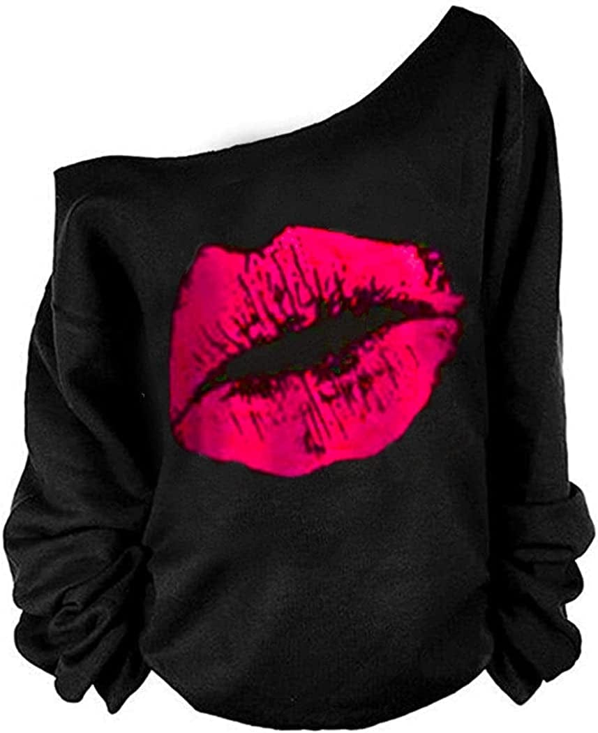 MAGICMK Woman’S Sweatershirt Lips Print Causal Blouse off the Shoulder Long Sleeve Loose Slouchy Pullover plus Size Tops Black+hotpink / Medium