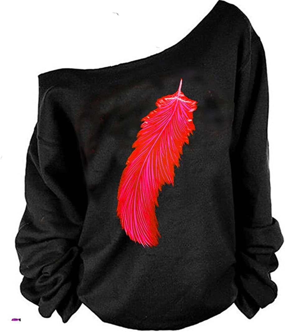 MAGICMK Woman’S Sweatershirt Lips Print Causal Blouse off the Shoulder Long Sleeve Loose Slouchy Pullover plus Size Tops Black+redfur / Medium