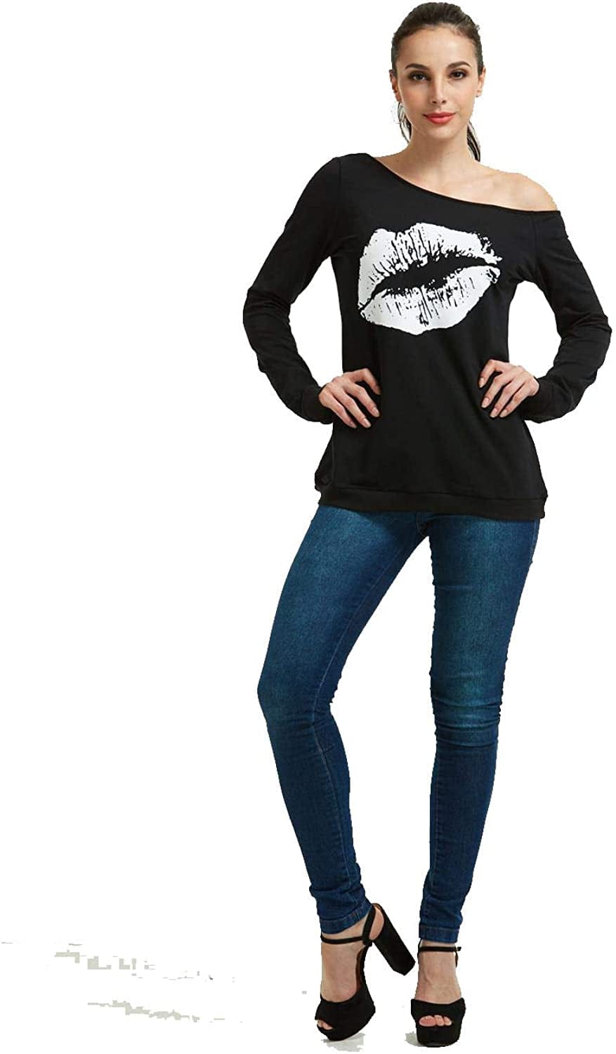 MAGICMK Woman’S Sweatershirt Lips Print Causal Blouse off the Shoulder Long Sleeve Loose Slouchy Pullover plus Size Tops Black+white / Medium