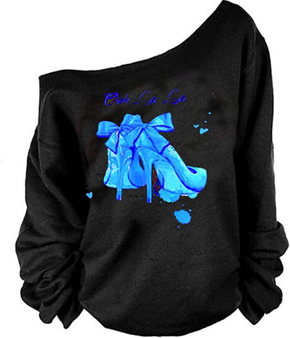 MAGICMK Woman’S Sweatershirt Lips Print Causal Blouse off the Shoulder Long Sleeve Loose Slouchy Pullover plus Size Tops Black+blueheal / Small