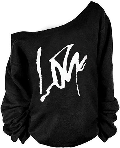 MAGICMK Woman’S Sweatershirt Lips Print Causal Blouse off the Shoulder Long Sleeve Loose Slouchy Pullover plus Size Tops Balck+words / Small