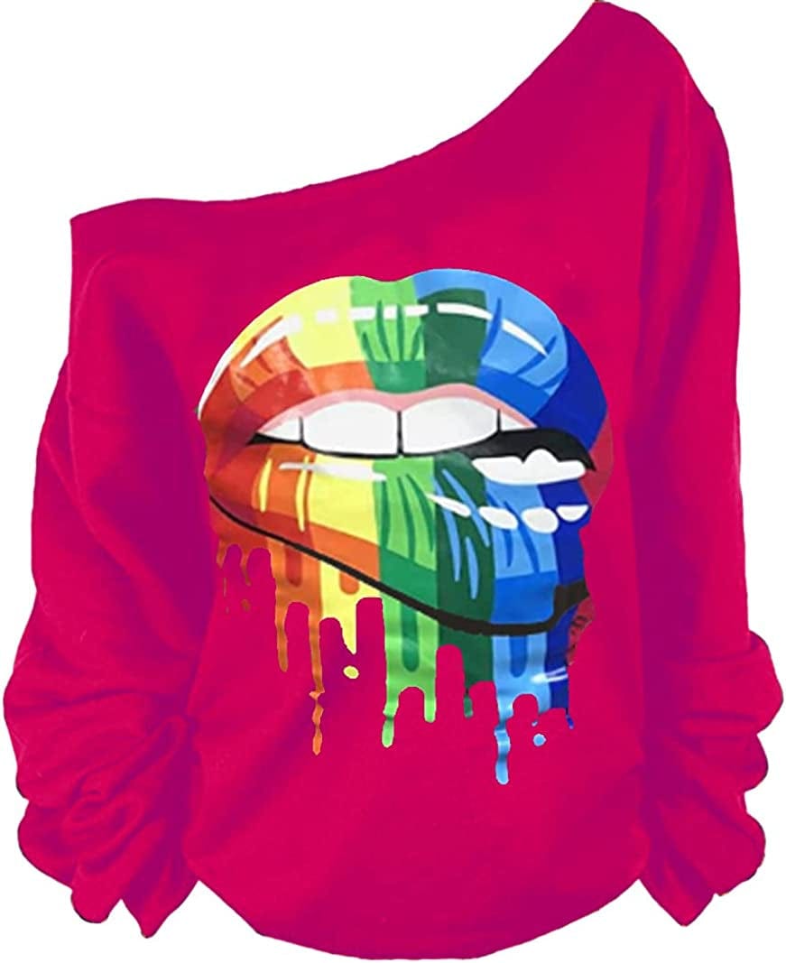 MAGICMK Woman’S Sweatershirt Lips Print Causal Blouse off the Shoulder Long Sleeve Loose Slouchy Pullover plus Size Tops Red+mouth / Small