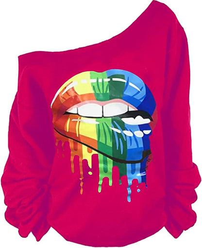 MAGICMK Woman’S Sweatershirt Lips Print Causal Blouse off the Shoulder Long Sleeve Loose Slouchy Pullover plus Size Tops Red+mouth / Small