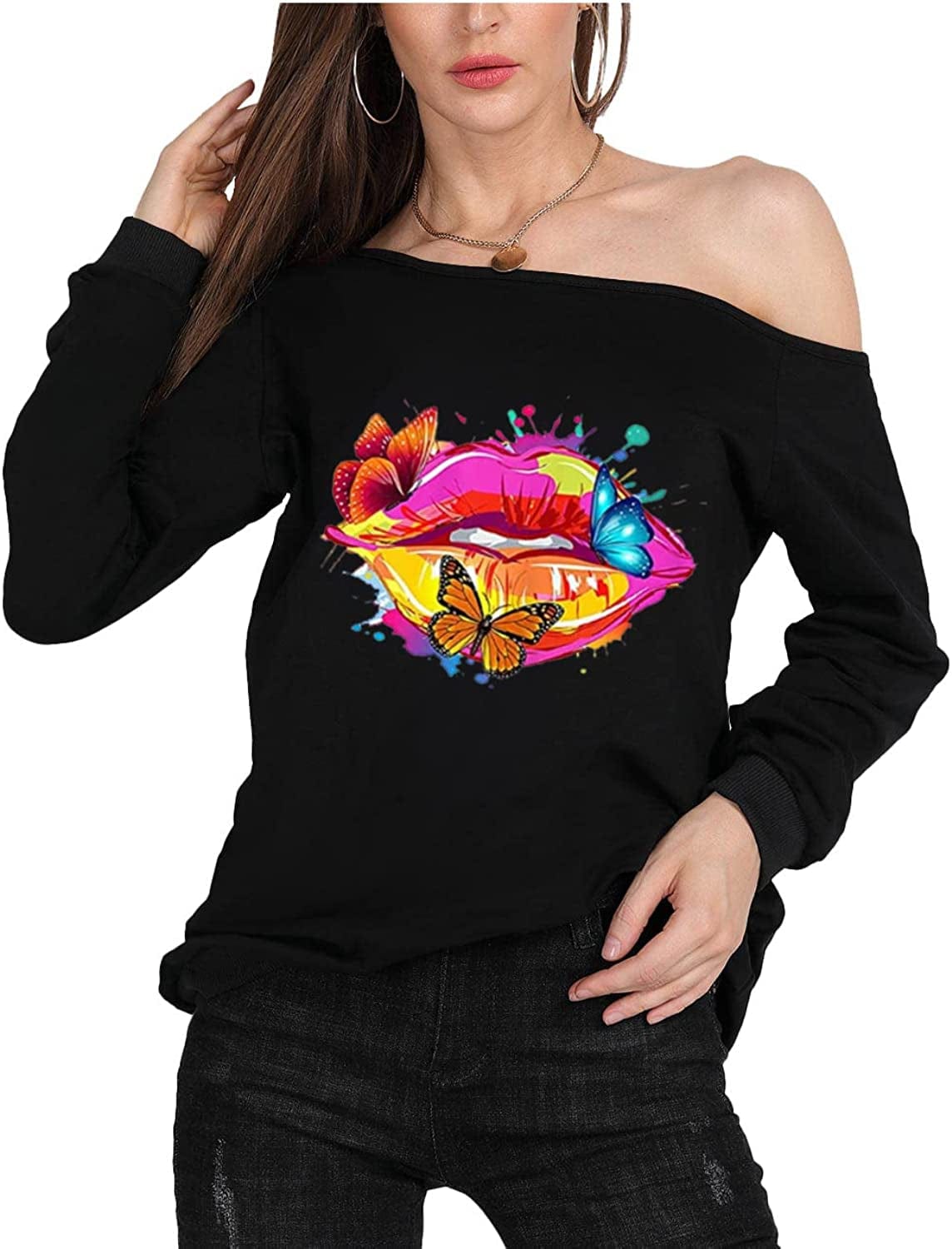 MAGICMK Woman’S Sweatershirt Lips Print Causal Blouse off the Shoulder Long Sleeve Loose Slouchy Pullover plus Size Tops Black+alips / 3X-Large