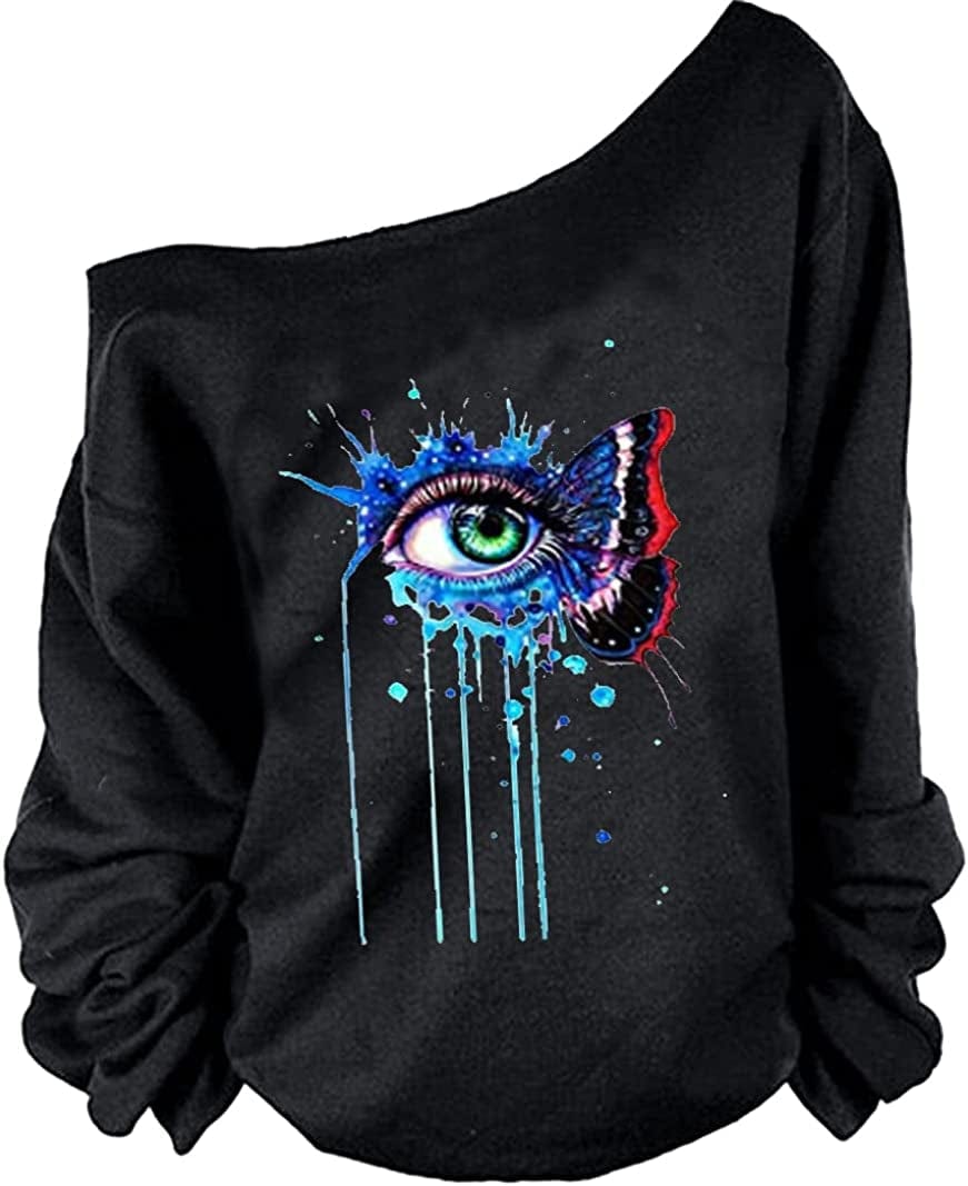 MAGICMK Woman’S Sweatershirt Lips Print Causal Blouse off the Shoulder Long Sleeve Loose Slouchy Pullover plus Size Tops Butterfly / 4X-Large