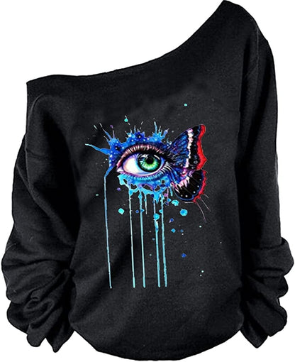 MAGICMK Woman’S Sweatershirt Lips Print Causal Blouse off the Shoulder Long Sleeve Loose Slouchy Pullover plus Size Tops Butterfly / 4X-Large