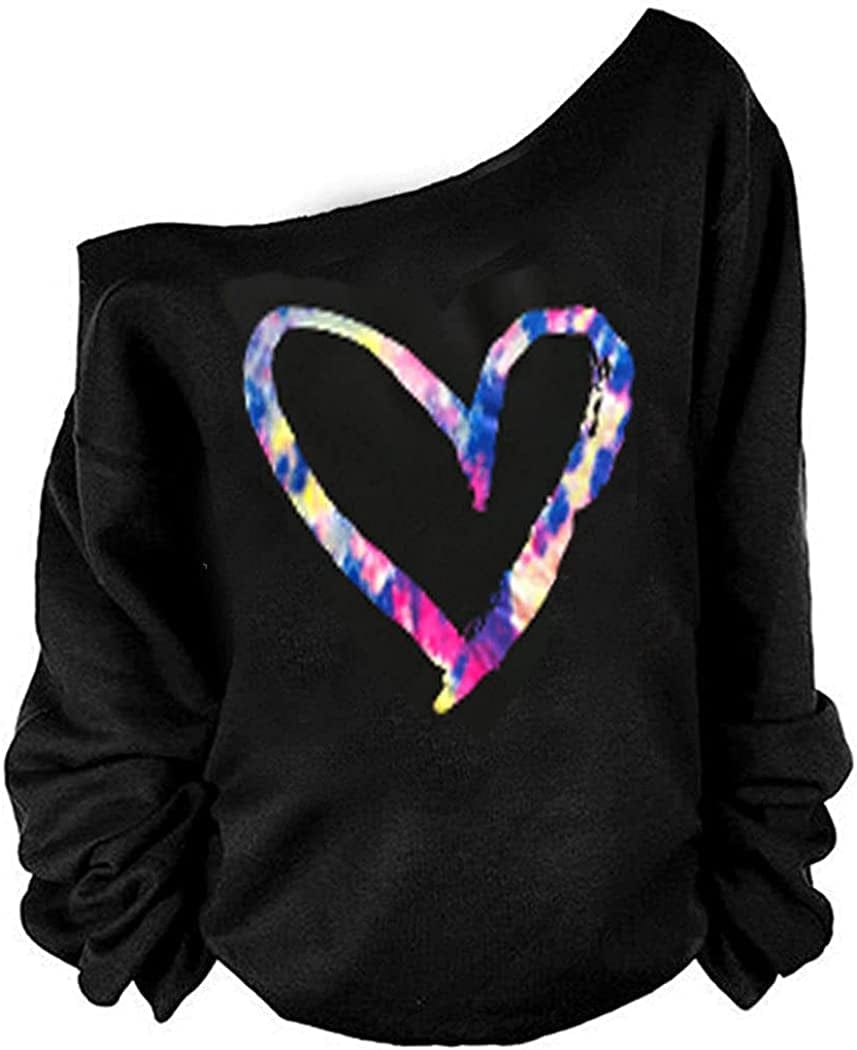 MAGICMK Woman’S Sweatershirt Lips Print Causal Blouse off the Shoulder Long Sleeve Loose Slouchy Pullover plus Size Tops Balck+cheart / Large