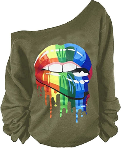 MAGICMK Woman’S Sweatershirt Lips Print Causal Blouse off the Shoulder Long Sleeve Loose Slouchy Pullover plus Size Tops Armygreen+mouth / 3X-Large