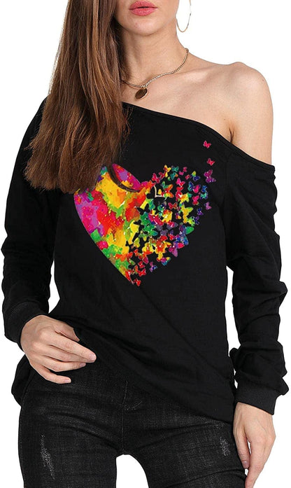 MAGICMK Woman’S Sweatershirt Lips Print Causal Blouse off the Shoulder Long Sleeve Loose Slouchy Pullover plus Size Tops Black+sheart / Medium