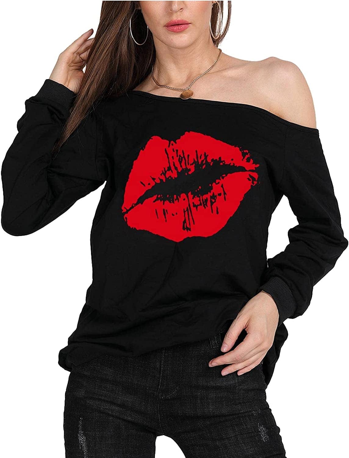 MAGICMK Woman’S Sweatershirt Lips Print Causal Blouse off the Shoulder Long Sleeve Loose Slouchy Pullover plus Size Tops Black+red / X-Large