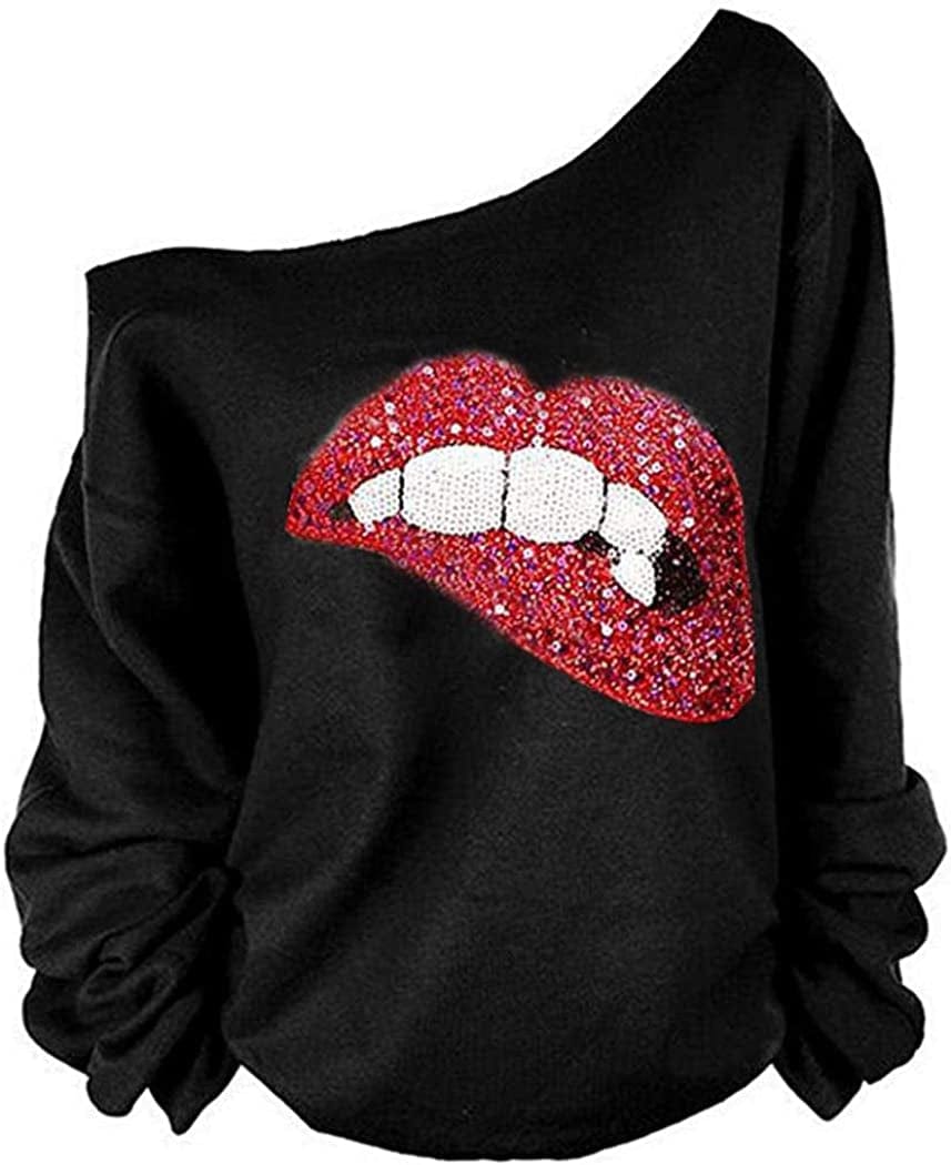 MAGICMK Woman’S Sweatershirt Lips Print Causal Blouse off the Shoulder Long Sleeve Loose Slouchy Pullover plus Size Tops Black+rseq / Small