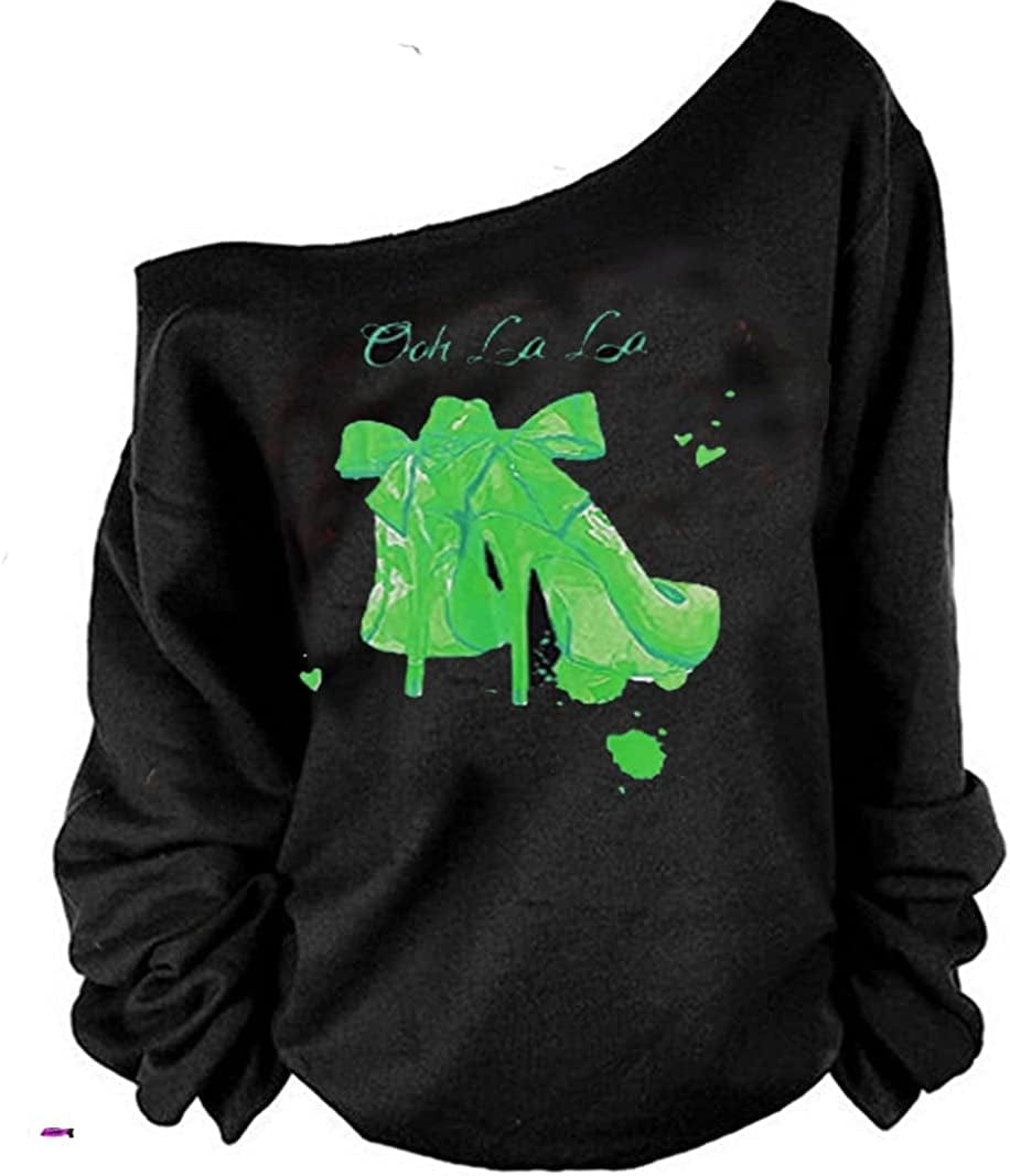 MAGICMK Woman’S Sweatershirt Lips Print Causal Blouse off the Shoulder Long Sleeve Loose Slouchy Pullover plus Size Tops Black+green Heal / Large