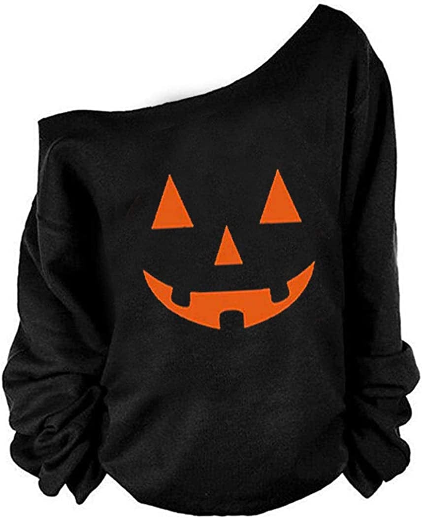 MAGICMK Woman’S Sweatershirt Lips Print Causal Blouse off the Shoulder Long Sleeve Loose Slouchy Pullover plus Size Tops Black+smile / Small