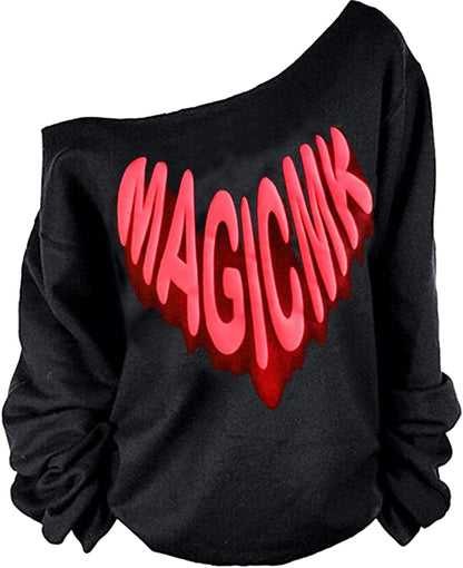 MAGICMK Woman’S Sweatershirt Lips Print Causal Blouse off the Shoulder Long Sleeve Loose Slouchy Pullover plus Size Tops Laugh / Small