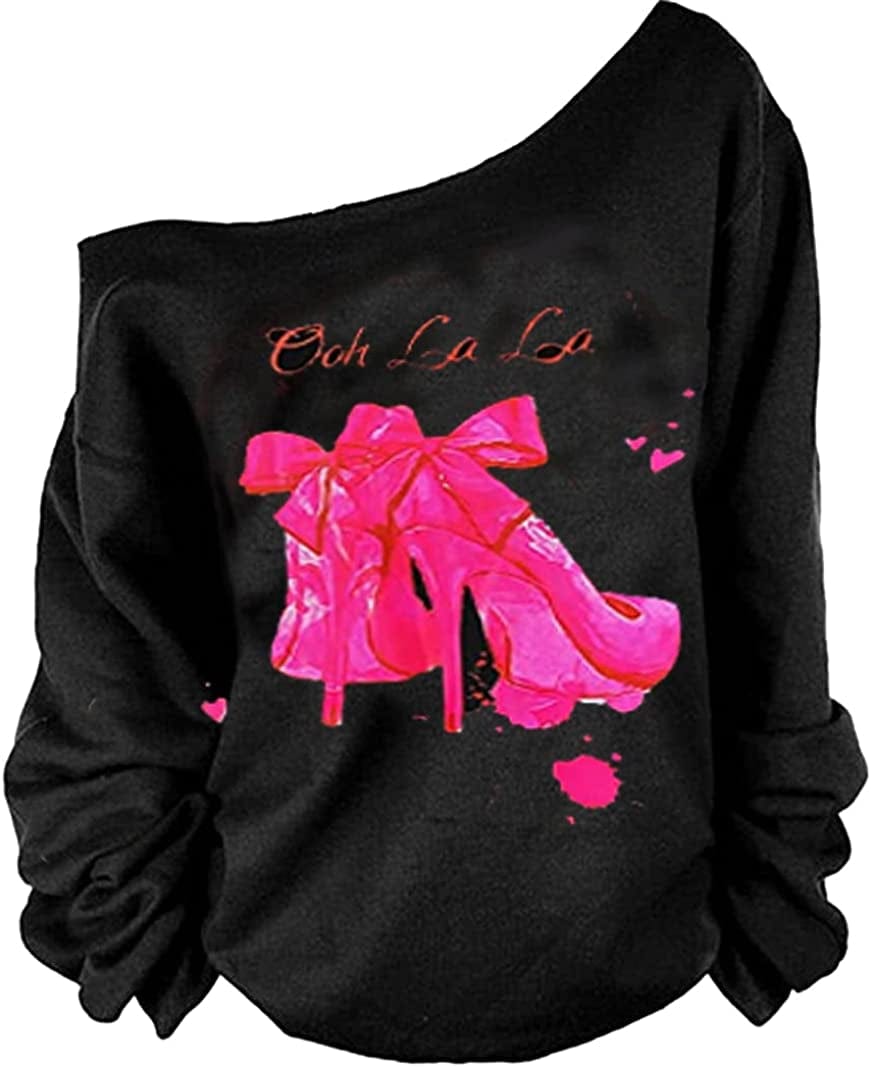 MAGICMK Woman’S Sweatershirt Lips Print Causal Blouse off the Shoulder Long Sleeve Loose Slouchy Pullover plus Size Tops Black+clips / Medium