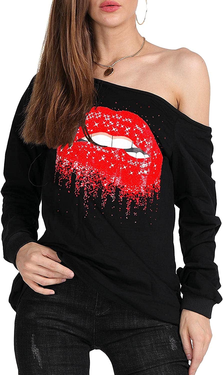 MAGICMK Woman’S Sweatershirt Lips Print Causal Blouse off the Shoulder Long Sleeve Loose Slouchy Pullover plus Size Tops Red / 3X-Large