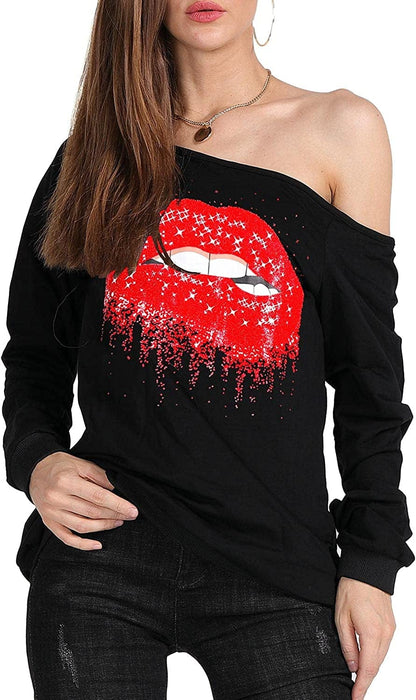 MAGICMK Woman’S Sweatershirt Lips Print Causal Blouse off the Shoulder Long Sleeve Loose Slouchy Pullover plus Size Tops Red / 3X-Large
