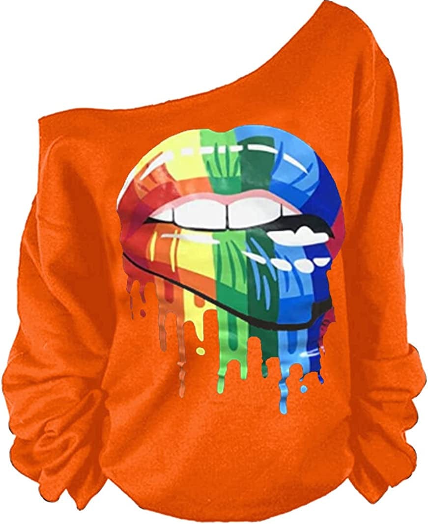 MAGICMK Woman’S Sweatershirt Lips Print Causal Blouse off the Shoulder Long Sleeve Loose Slouchy Pullover plus Size Tops Orange+mouth / Small