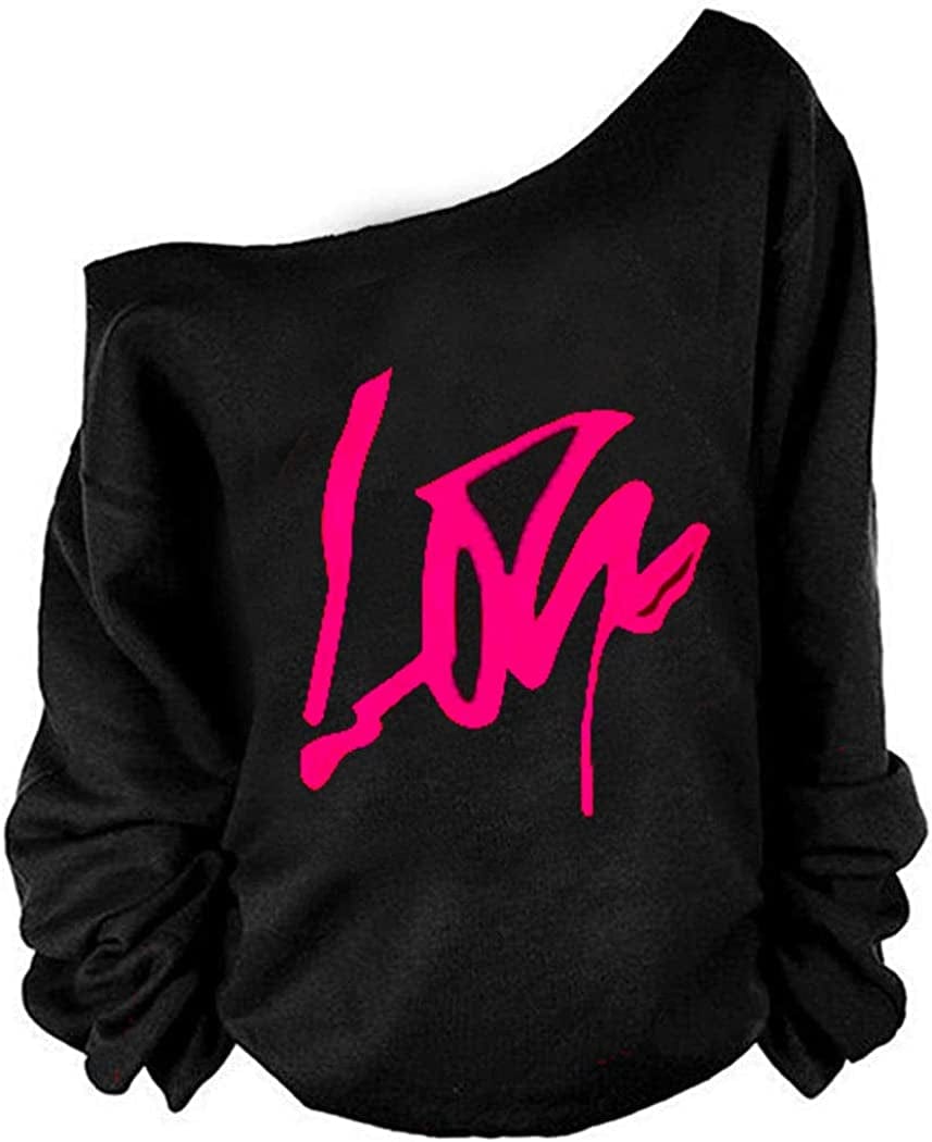 MAGICMK Woman’S Sweatershirt Lips Print Causal Blouse off the Shoulder Long Sleeve Loose Slouchy Pullover plus Size Tops Hotlove / Small