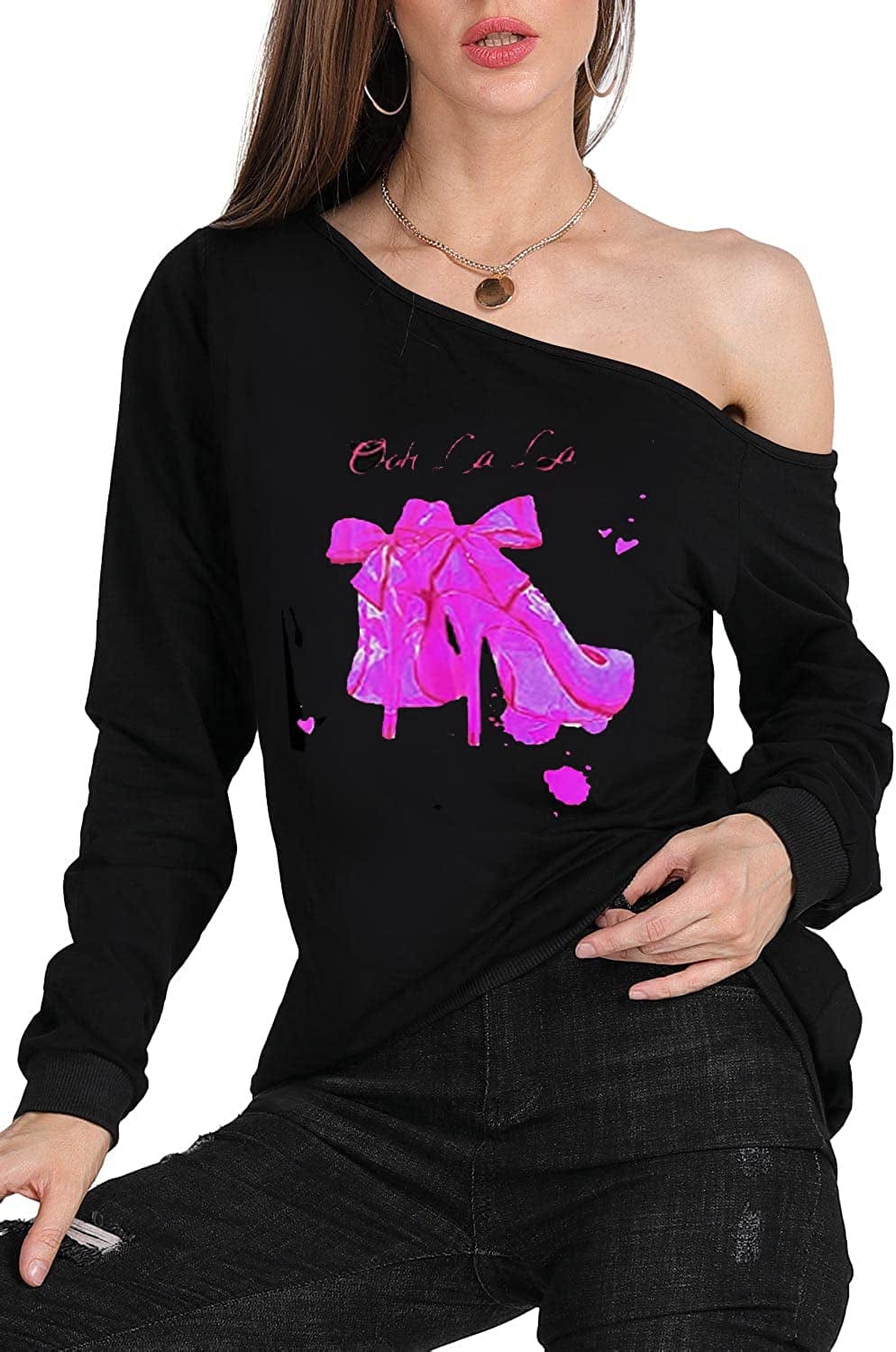 MAGICMK Woman’S Sweatershirt Lips Print Causal Blouse off the Shoulder Long Sleeve Loose Slouchy Pullover plus Size Tops