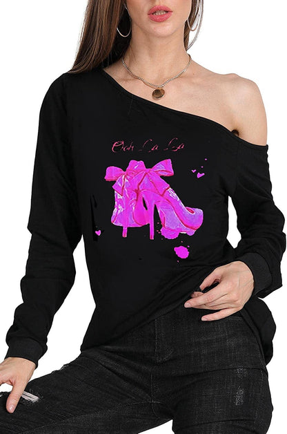 MAGICMK Woman’S Sweatershirt Lips Print Causal Blouse off the Shoulder Long Sleeve Loose Slouchy Pullover plus Size Tops