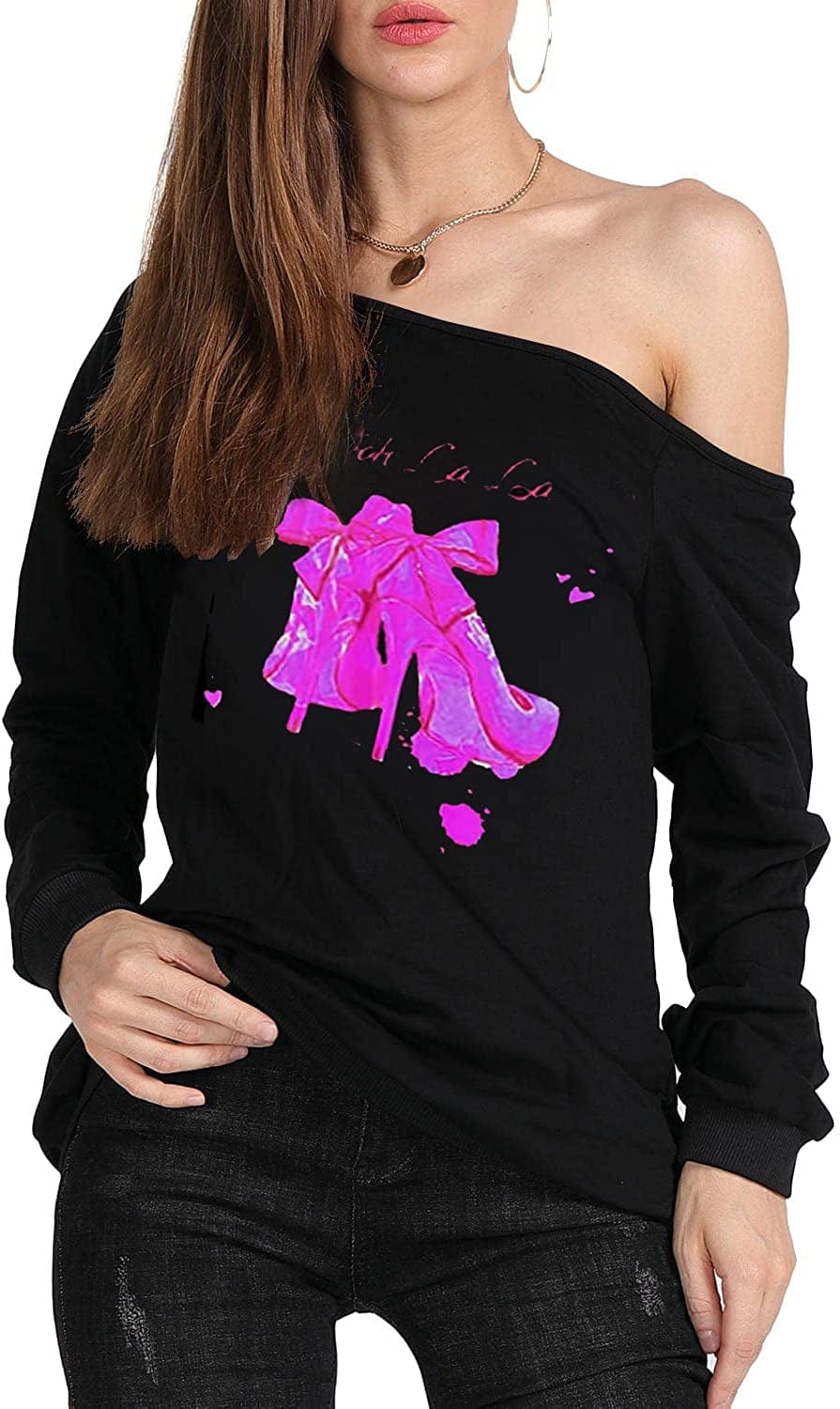 MAGICMK Woman’S Sweatershirt Lips Print Causal Blouse off the Shoulder Long Sleeve Loose Slouchy Pullover plus Size Tops