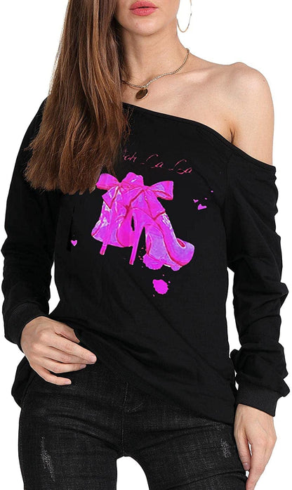 MAGICMK Woman’S Sweatershirt Lips Print Causal Blouse off the Shoulder Long Sleeve Loose Slouchy Pullover plus Size Tops
