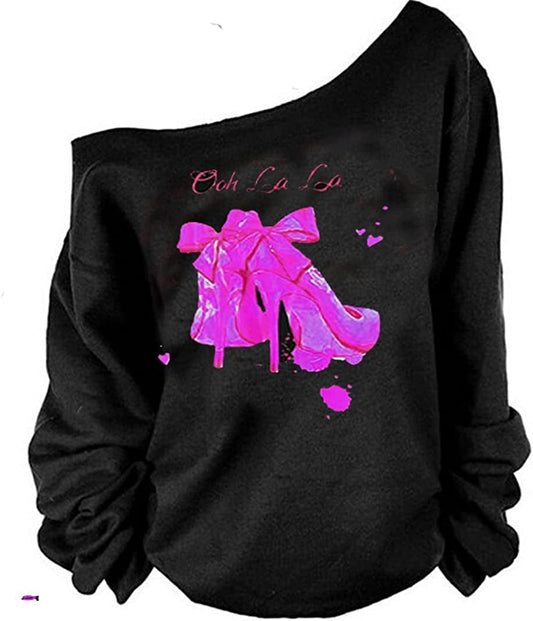 MAGICMK Woman’S Sweatershirt Lips Print Causal Blouse off the Shoulder Long Sleeve Loose Slouchy Pullover plus Size Tops Black+purpleheal / Medium