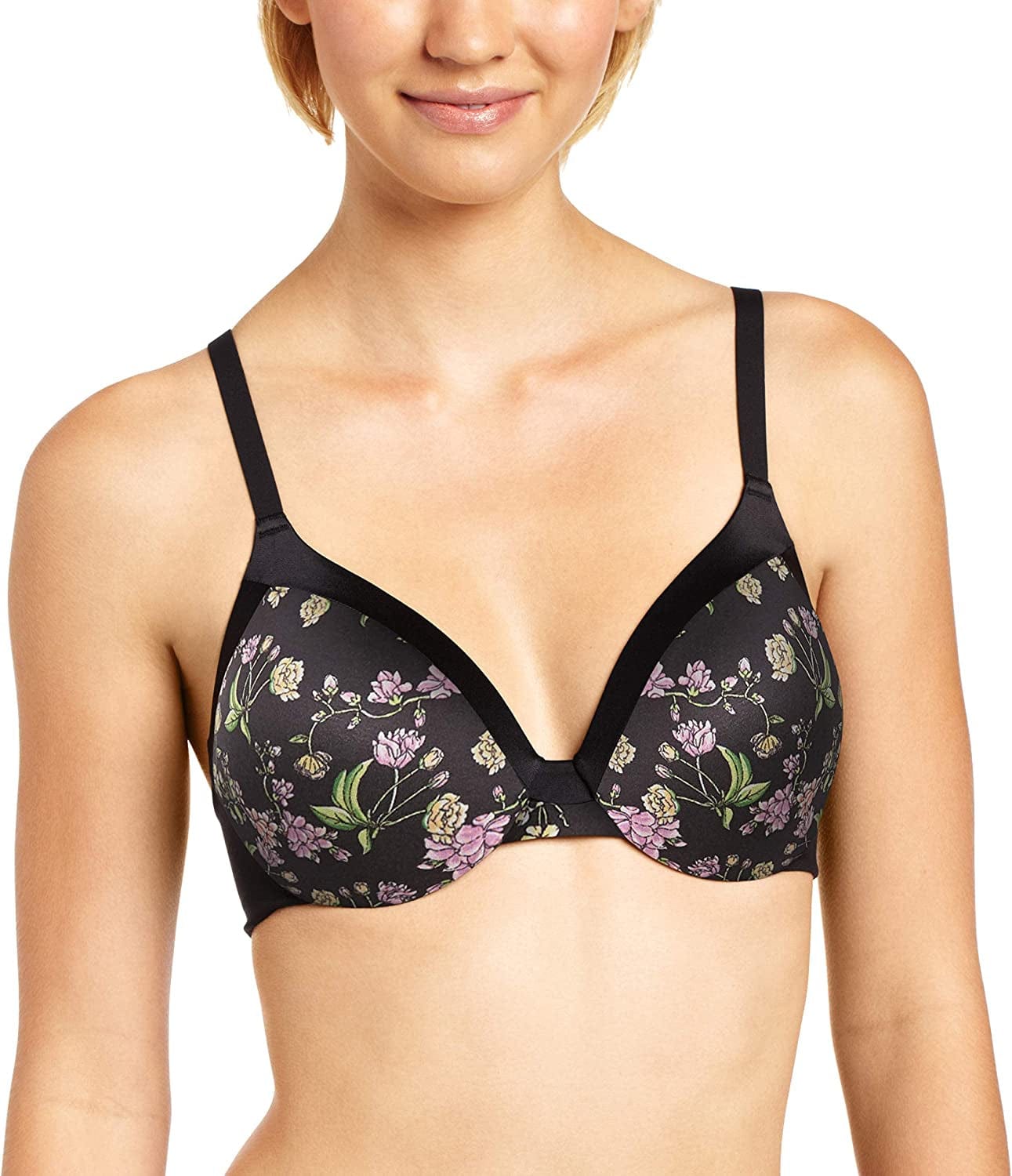 Maidenform Comfort Devotion Underwire Bra, Full-Coverage Comfortable Bra with Cushionwire for Support, Smoothing Bra Floral Trellis Print/Black / 38B