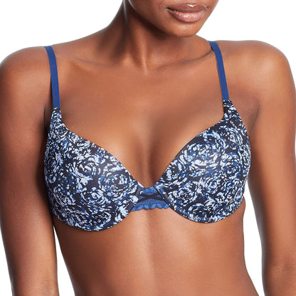 Maidenform Dreamwire Underwire Bra, No-Poke Push-Up Bra, Moderate Coverage, Convertible T-Shirt Bra Sexy Rose Print/Navy / 34D