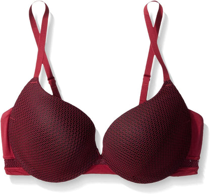 Maidenform Underwire Demi Bra, Best Push-Up Bra with Wonderbra Technology, Smoothing Lace-Trim Bra with Push-Up Cups Vino/Black Fishnet / 38B