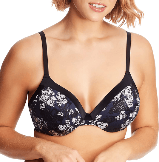 Maidenform Women's Comfort Devotion Tailored Full Coverage T-Shirt Bra 09436 Black and Navy Blossoms Print / 38DD