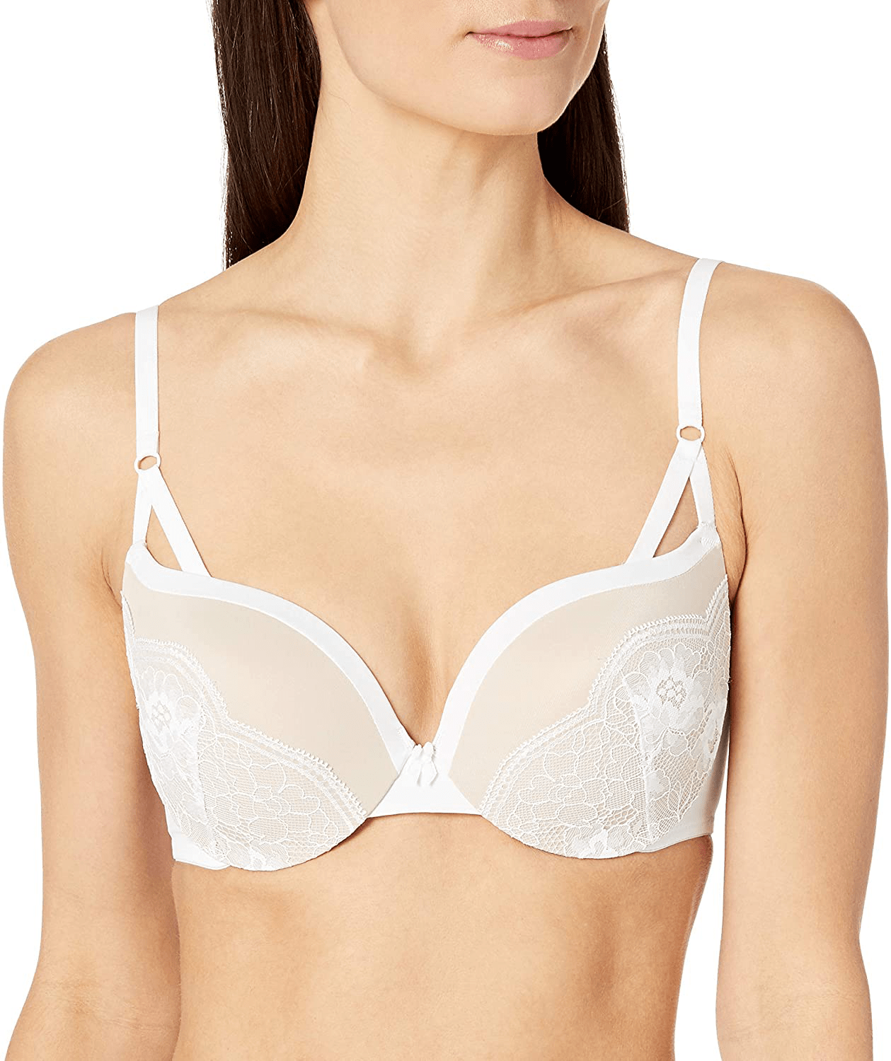 Maidenform Women's Love The Lift Push Up & In Demi Bra DM9900 White/Paris Nude Strappy Lace / 40D