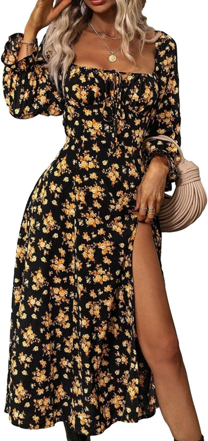 MAINESAKA Womens Long Sleeve Floral Dress Square Neck Tie Boho Chic Corset Sundress High Slit a Line Maxi Dresses Gold / Large