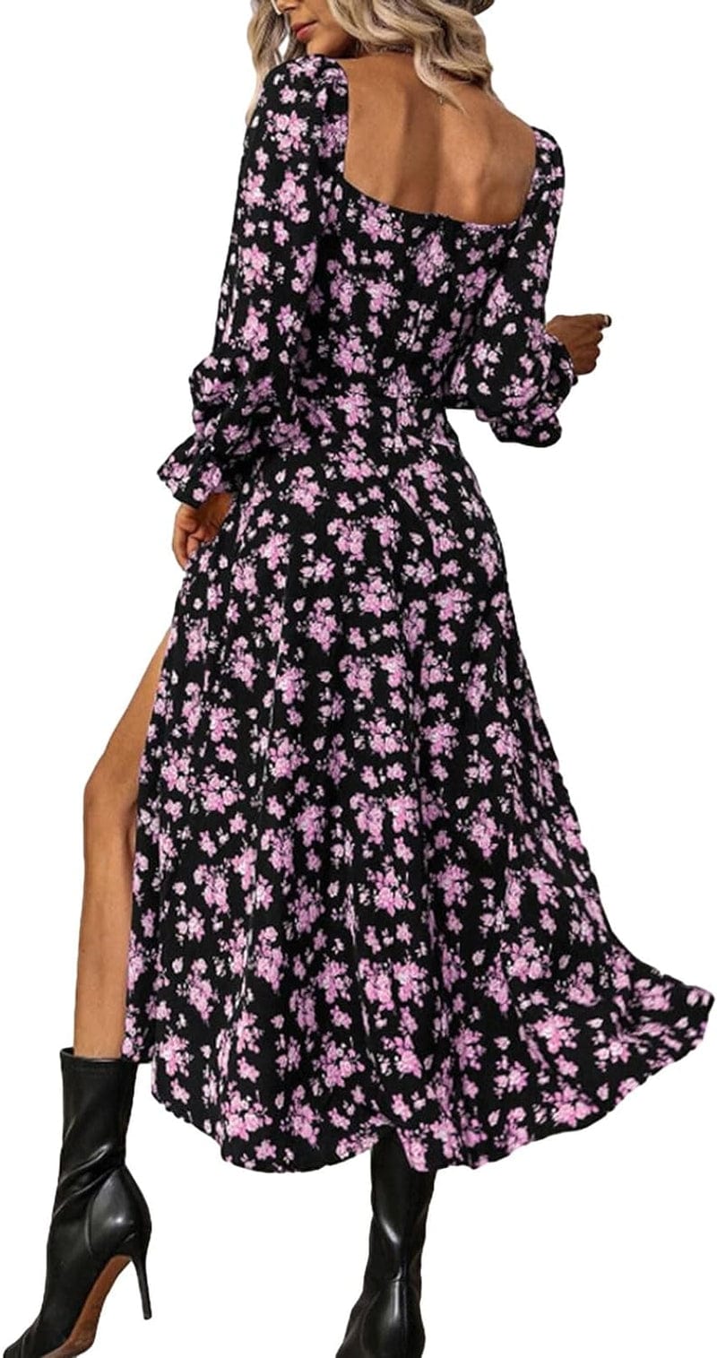 MAINESAKA Womens Long Sleeve Floral Dress Square Neck Tie Boho Chic Corset Sundress High Slit a Line Maxi Dresses