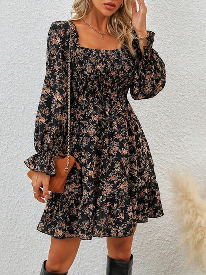Makemechic Women'S Floral Print Square Neck Flounce Long Sleeve High Waisted Ruffle a Line Dress