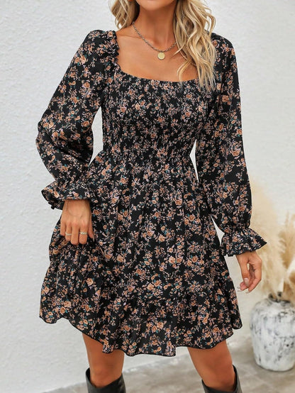 Makemechic Women'S Floral Print Square Neck Flounce Long Sleeve High Waisted Ruffle a Line Dress