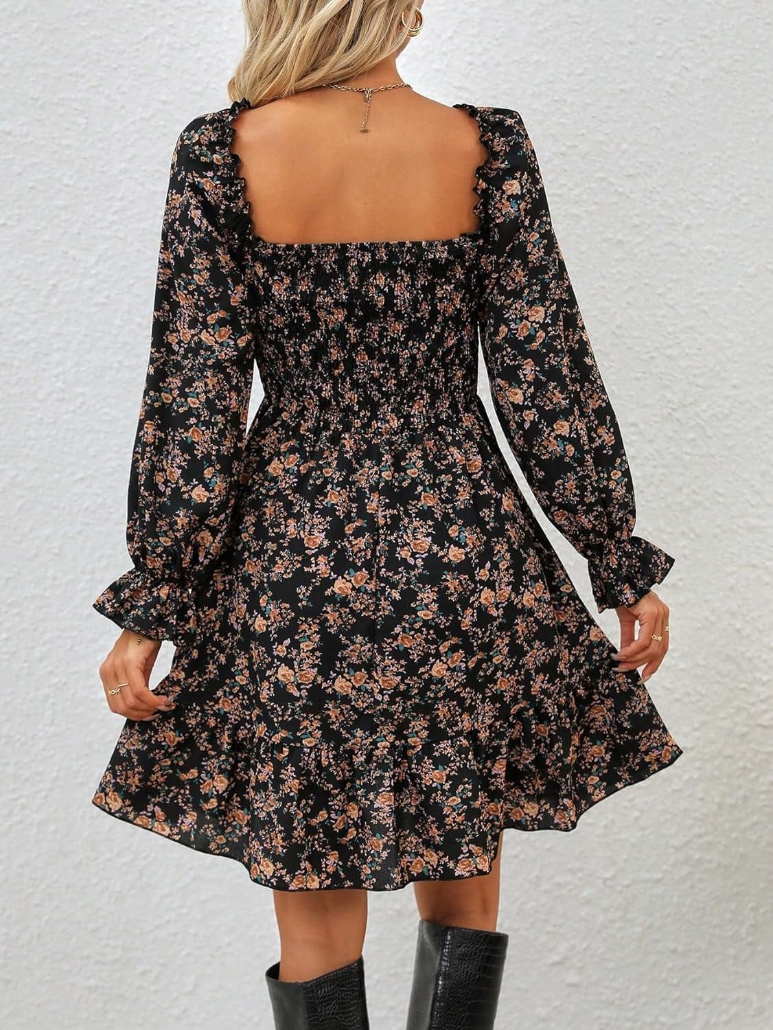 Makemechic Women'S Floral Print Square Neck Flounce Long Sleeve High Waisted Ruffle a Line Dress