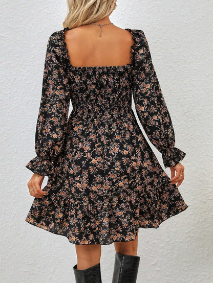 Makemechic Women'S Floral Print Square Neck Flounce Long Sleeve High Waisted Ruffle a Line Dress