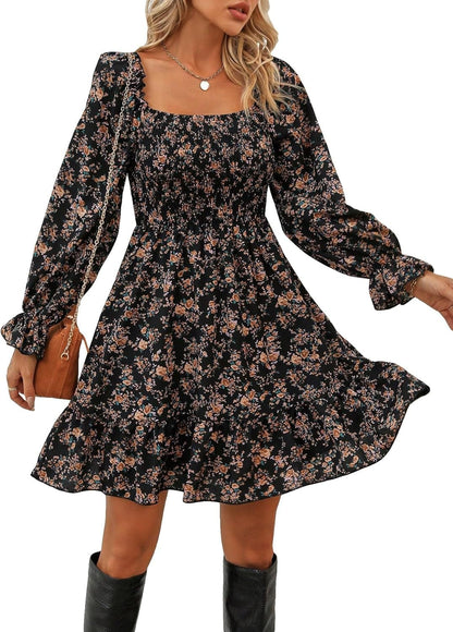 Makemechic Women'S Floral Print Square Neck Flounce Long Sleeve High Waisted Ruffle a Line Dress