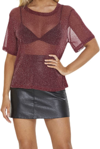 Makemechic Women'S Summer Short Sleeve Tops See through Mesh Sheer Sexy T Shirt Blouse Burgundy Glitter / Large