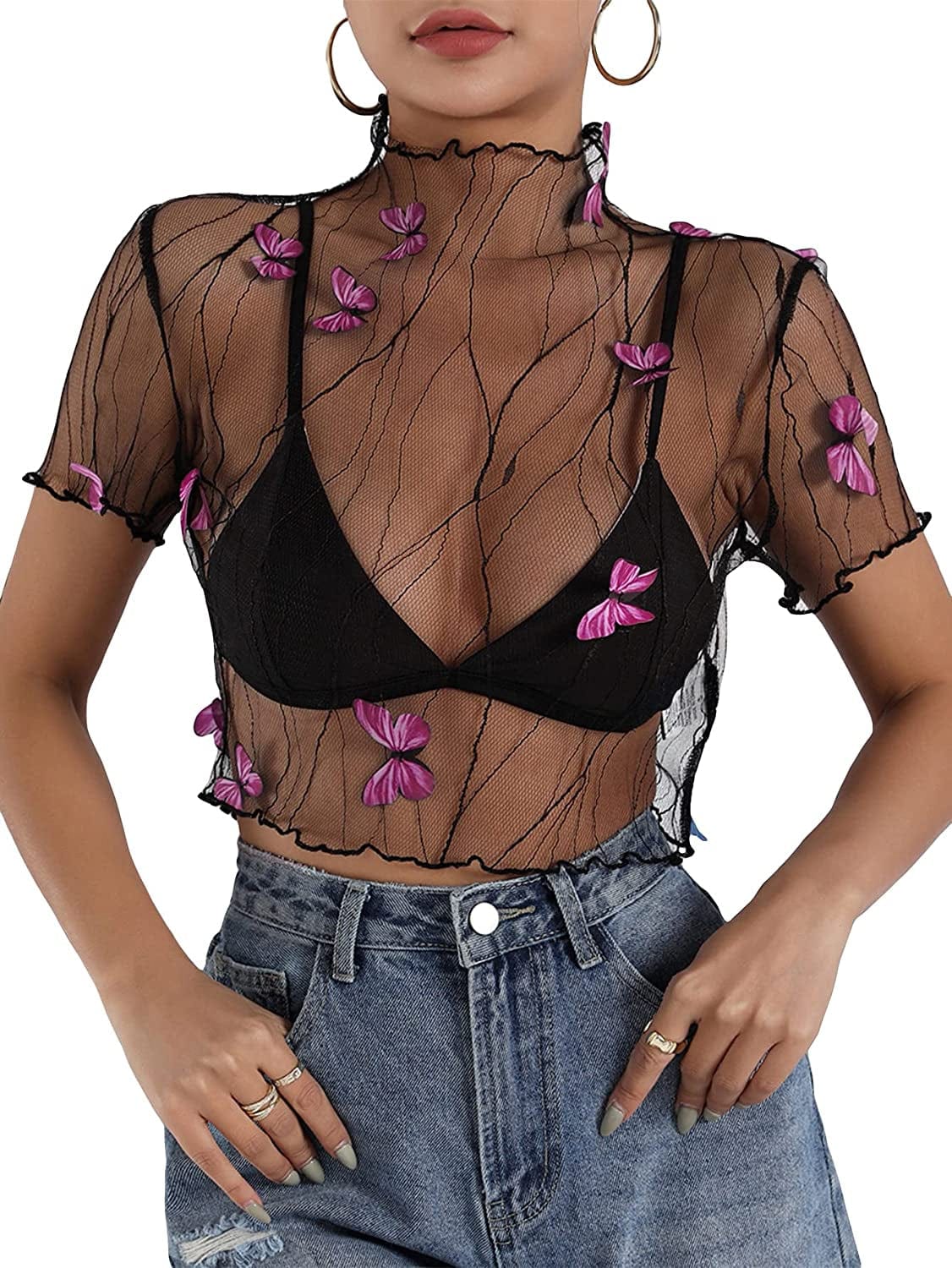 Makemechic Women'S Summer Short Sleeve Tops See through Mesh Sheer Sexy T Shirt Blouse Black and Pink / X-Small