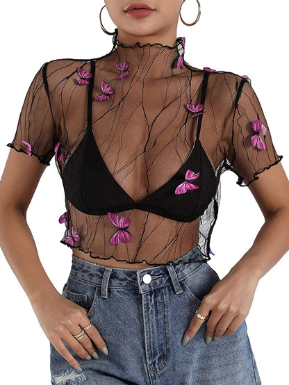 Makemechic Women'S Summer Short Sleeve Tops See through Mesh Sheer Sexy T Shirt Blouse Black and Pink / X-Small