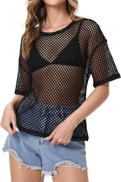 Makemechic Women'S Summer Short Sleeve Tops See through Mesh Sheer Sexy T Shirt Blouse Black Fishnet / Large