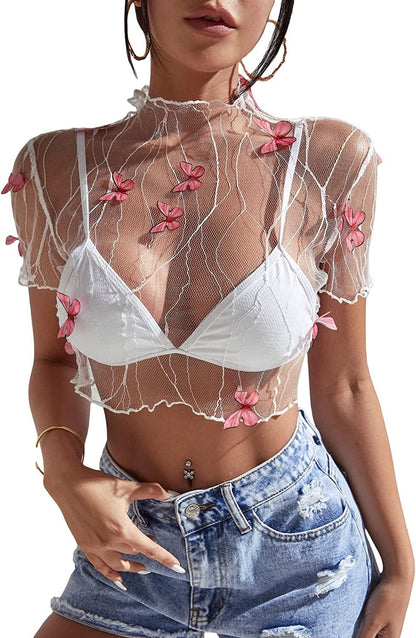 Makemechic Women'S Summer Short Sleeve Tops See through Mesh Sheer Sexy T Shirt Blouse White and Pink / X-Small