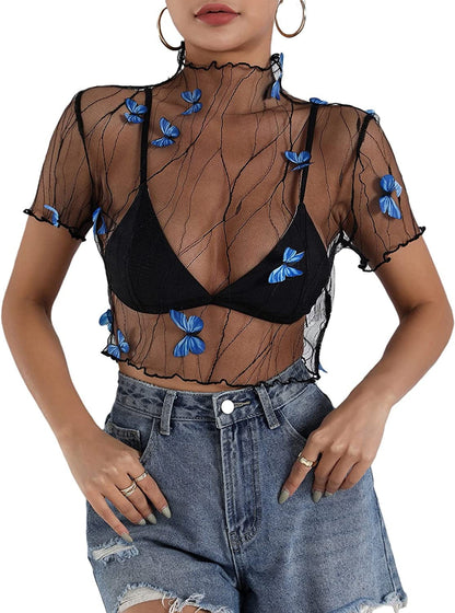 Makemechic Women'S Summer Short Sleeve Tops See through Mesh Sheer Sexy T Shirt Blouse C Black / Large
