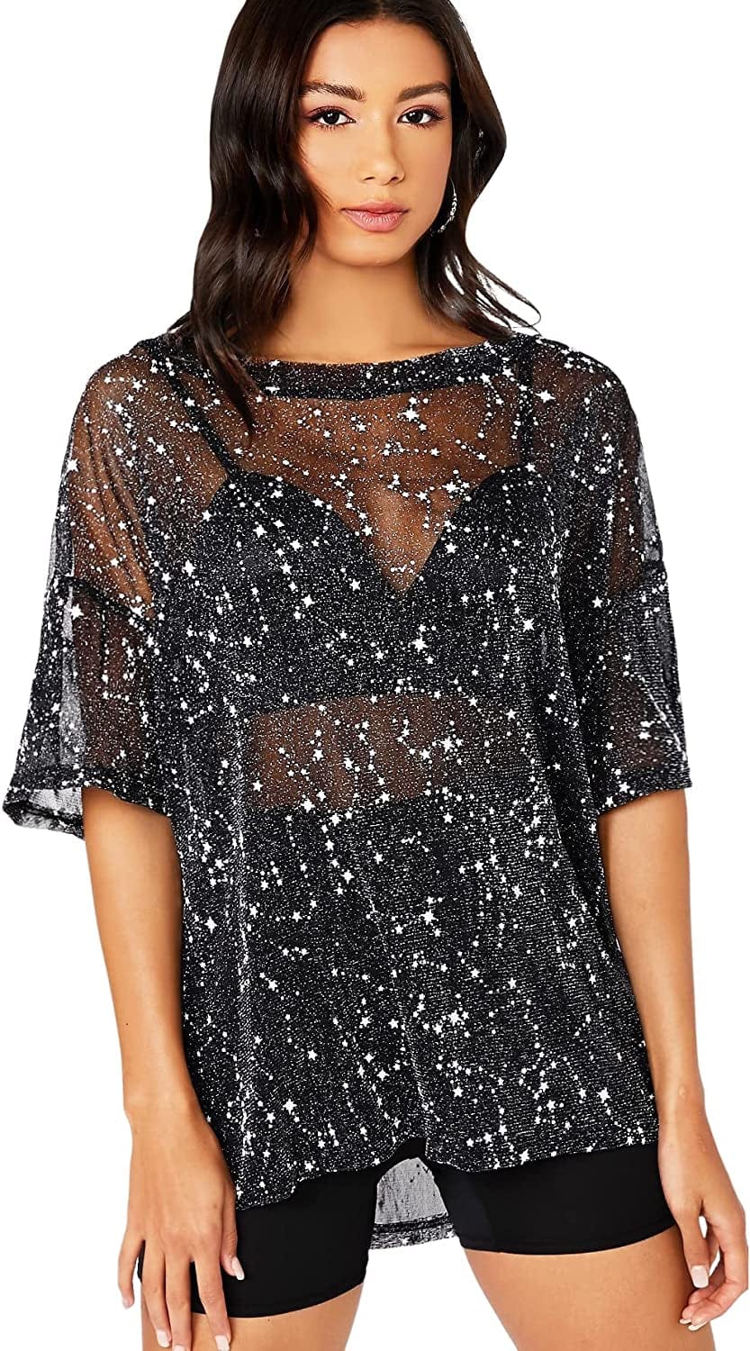 Makemechic Women'S Summer Short Sleeve Tops See through Mesh Sheer Sexy T Shirt Blouse Black Galaxy / Large