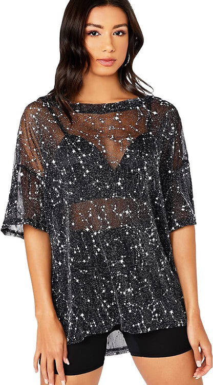 Makemechic Women'S Summer Short Sleeve Tops See through Mesh Sheer Sexy T Shirt Blouse Black Galaxy / Large