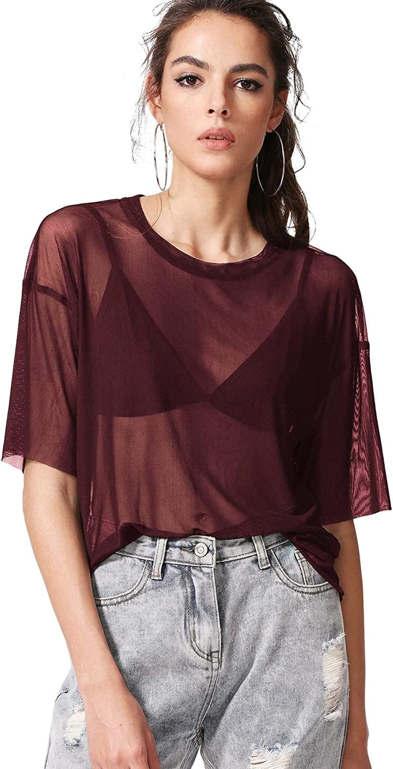 Makemechic Women'S Summer Short Sleeve Tops See through Mesh Sheer Sexy T Shirt Blouse Burgundy / X-Large